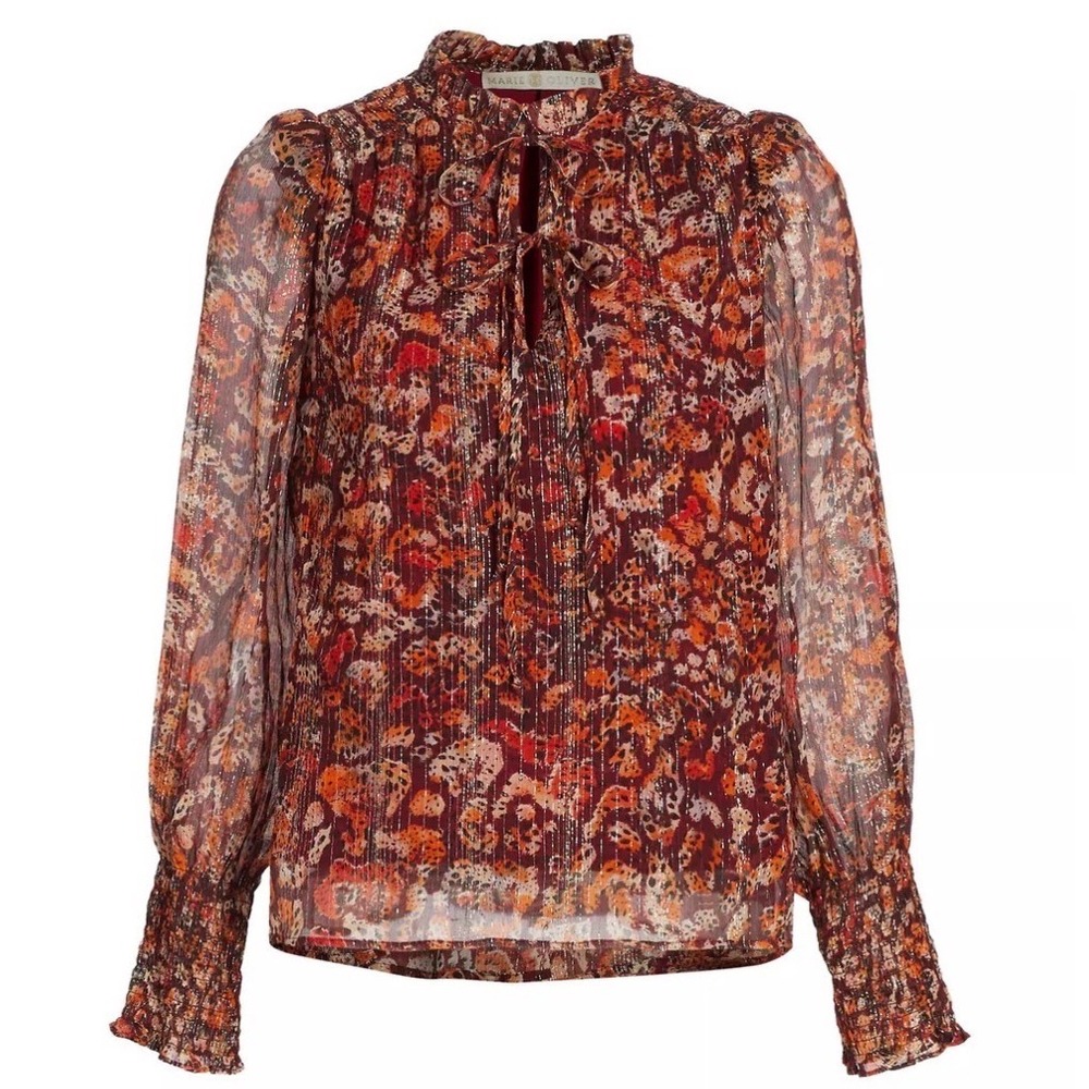 Marie Oliver Jennifer Blouse Layered Leo Print Silk Blend Tie Neck Womens Small